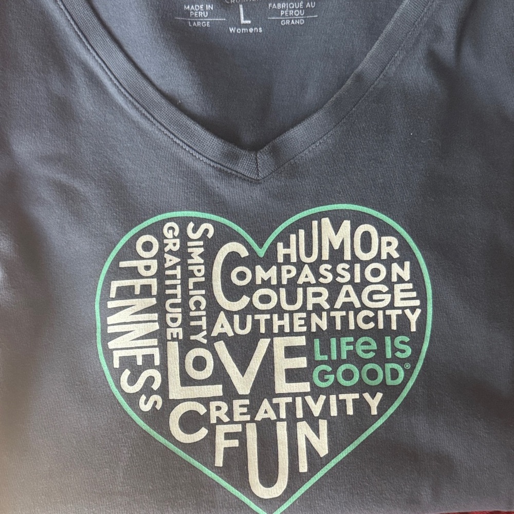 Life Is Good Dark Gray Tee with Heart Graphic